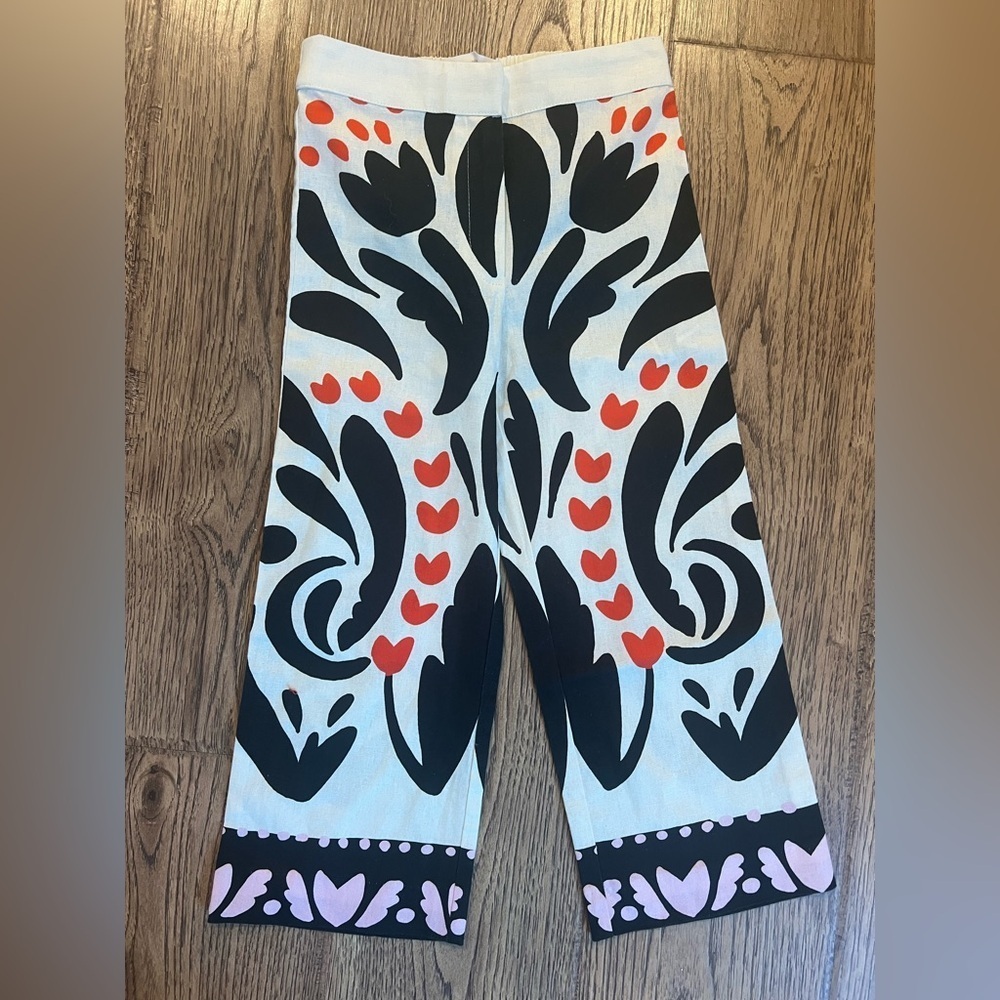 ZARA Girl’s BOLD GRAPHIC PANTS 7 Cotton IVORY w/Black Zip Close NWOT